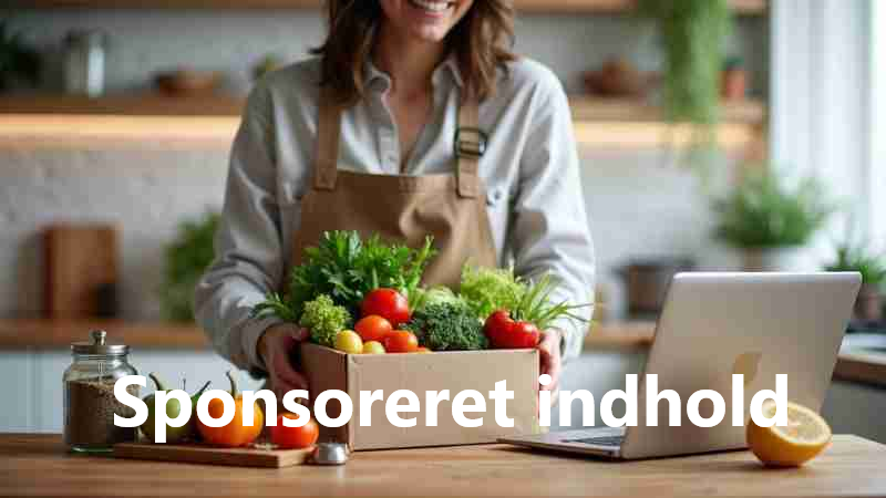 Kvinde står med måltidskasse fyldt med frugt og grønt, samt en laptop ved siden af hende, i et køkken